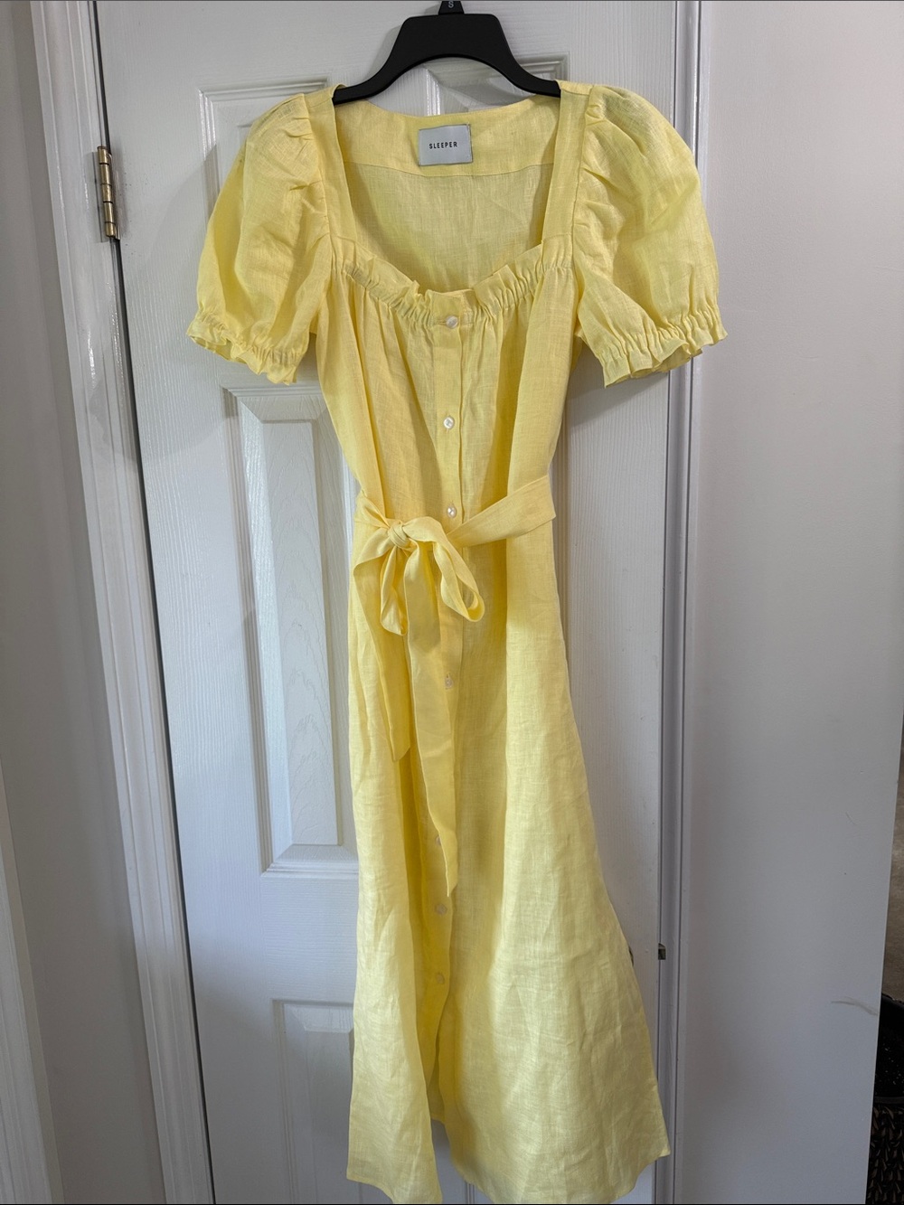Sleeper Pale Yellow Button-Front Dress with Tie Waist